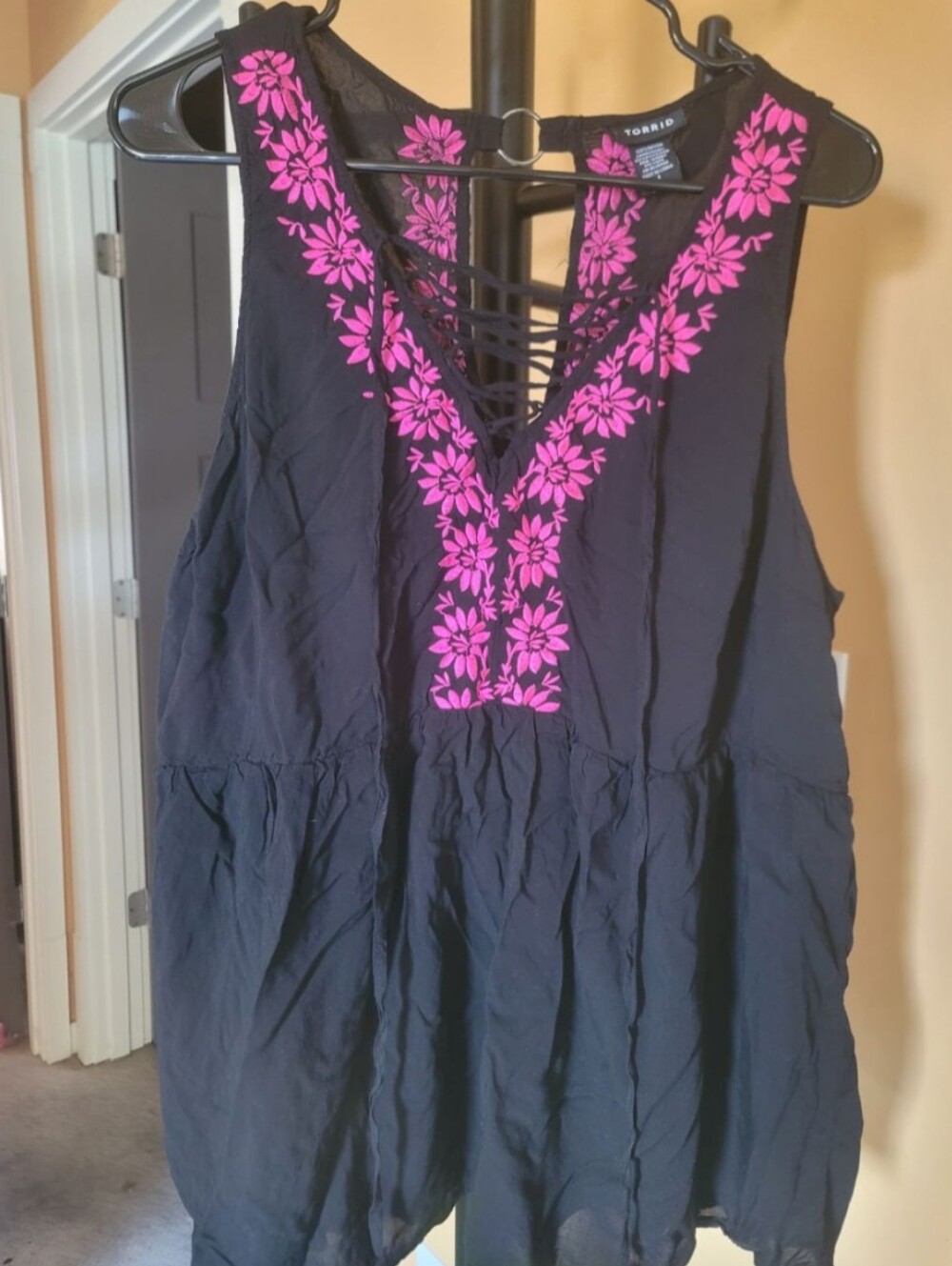 torrid Black Tank with Hot Pink Floral Embroidery